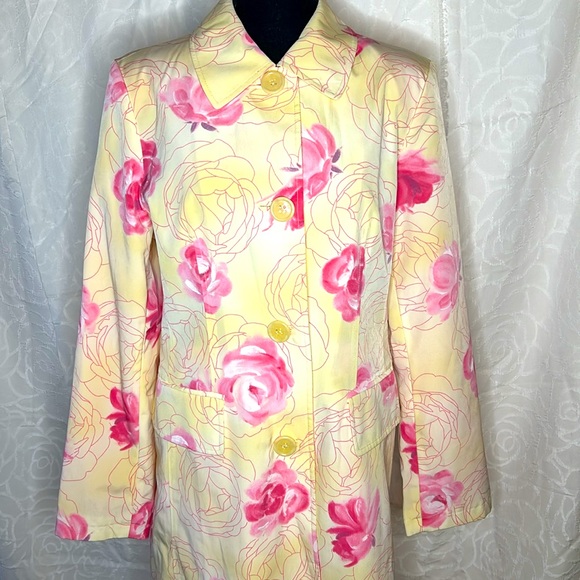 ESPRIT yellow & pink floral trench coat. Button down front with collar.Size M. - Picture 4 of 12